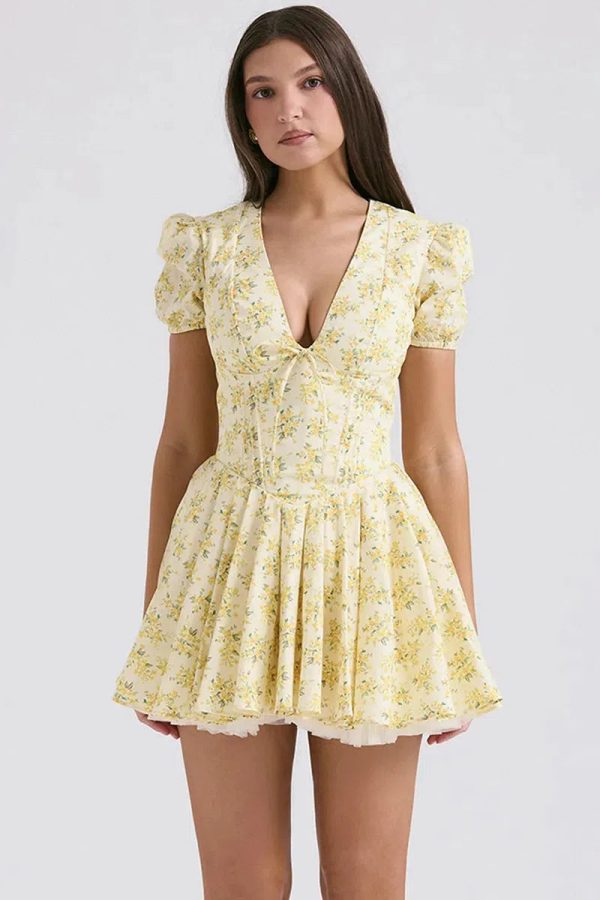 Cottagecore Floral Plunge Neck Mini Dress
