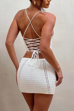 Crochet Lace Up Top & Mini Skirt Two Piece Set