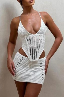 Crochet Lace Up Top & Mini Skirt Two Piece Set