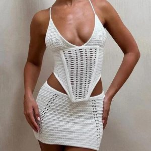 Crochet Lace Up Top & Mini Skirt Two Piece Set