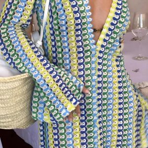 Crochet Striped Plunge Neck Maxi Dress
