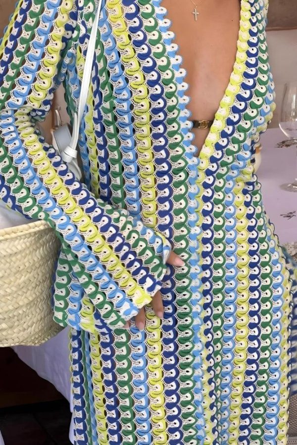 Crochet Striped Plunge Neck Maxi Dress