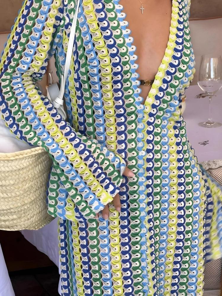 Crochet Striped Plunge Neck Maxi Dress Crochet Striped Plunge Neck Maxi Dress