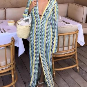 Crochet Striped Plunge Neck Maxi Dress