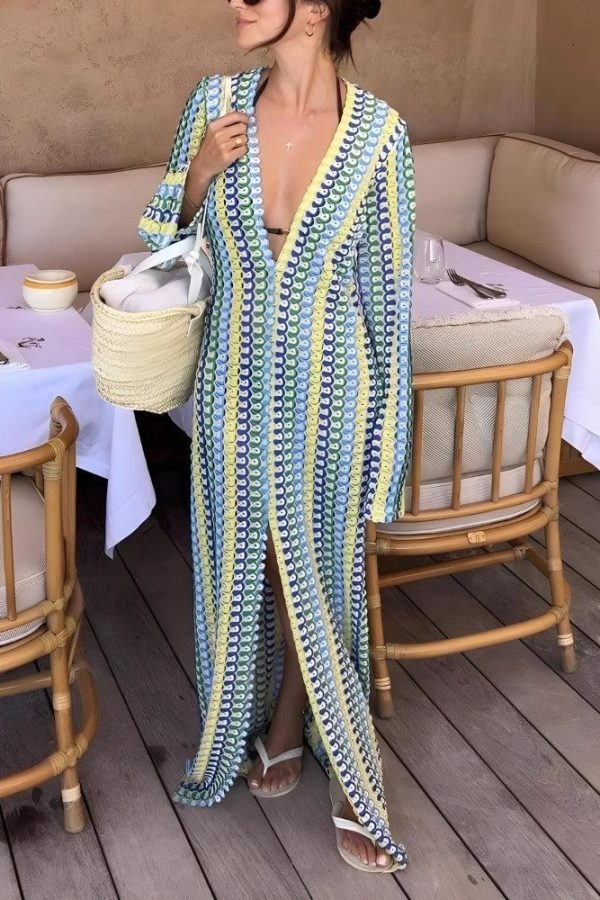 Crochet Striped Plunge Neck Maxi Dress