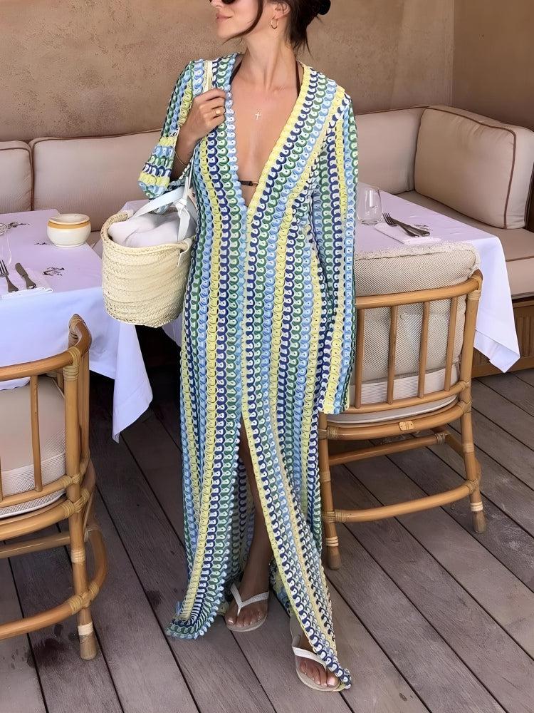 Crochet Striped Plunge Neck Maxi Dress Crochet Striped Plunge Neck Maxi Dress