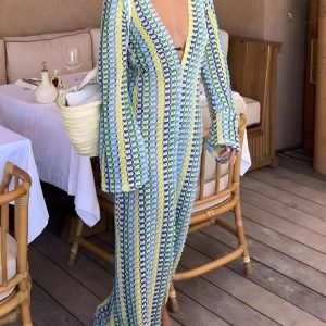 Crochet Striped Plunge Neck Maxi Dress
