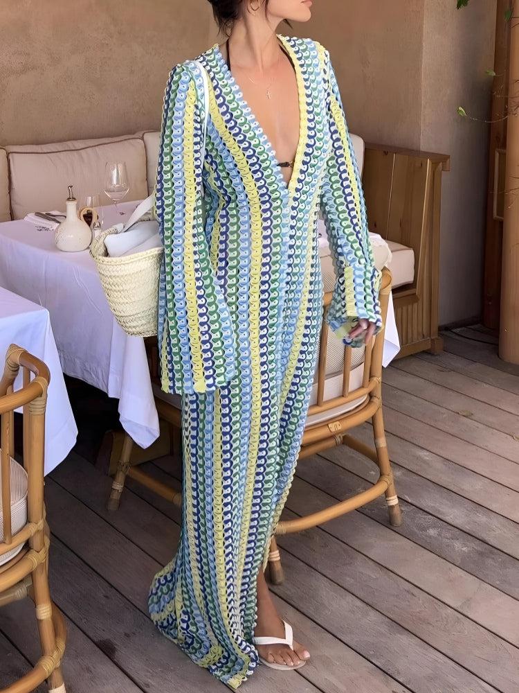 Crochet Striped Plunge Neck Maxi Dress Crochet Striped Plunge Neck Maxi Dress