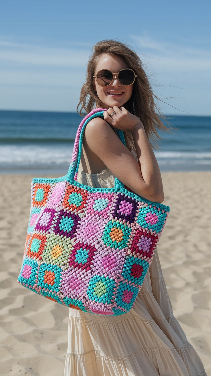 Colorful Crochet Tote Bag Granny Squares for Summer outfit idea