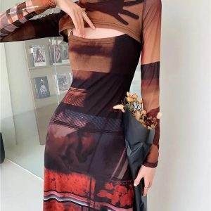 Crop Top & Mesh Midi Dress Two Piece Set