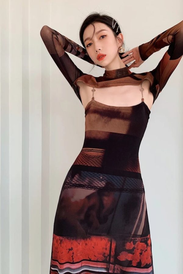 Crop Top & Mesh Midi Dress Two Piece Set