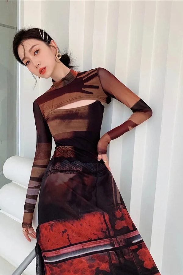 Crop Top & Mesh Midi Dress Two Piece Set