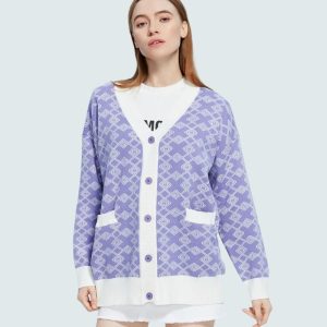 Cross Pattern Buttoned Purple Cardigan