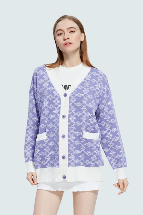 Cross Pattern Buttoned Purple Cardigan