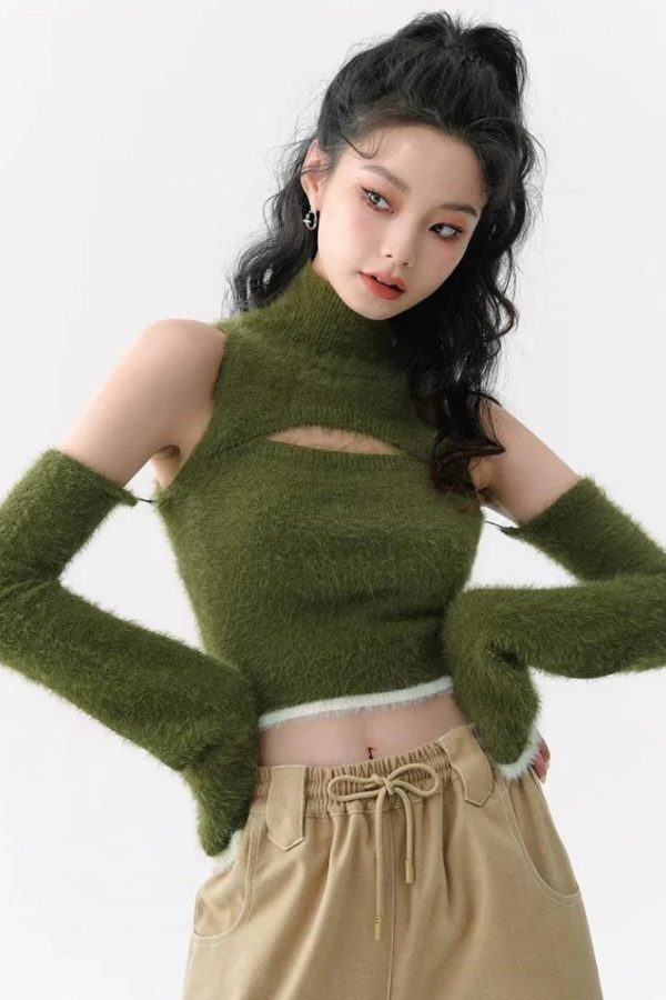 Cut Out Fluffy Crop Sweater Top