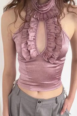 Cut Out Ruffled Halter Neck Top