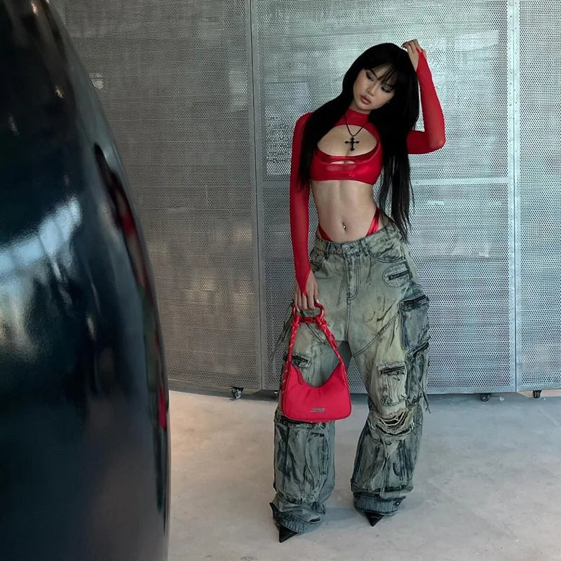 Cut-Out Sheer Mesh Crop Top