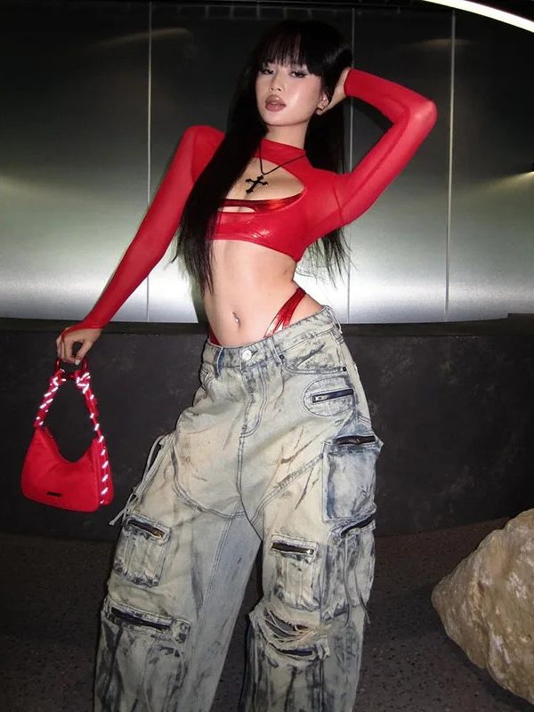 Cut-Out Sheer Mesh Crop Top