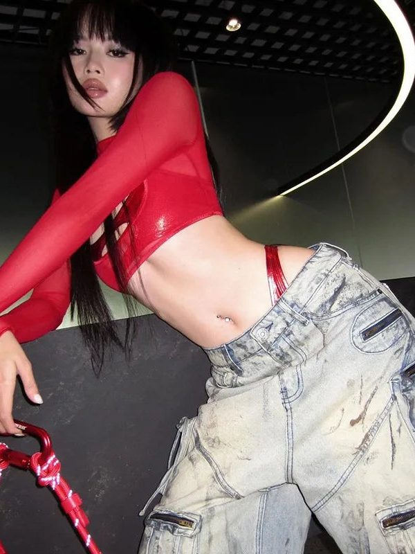 Cut-Out Sheer Mesh Crop Top