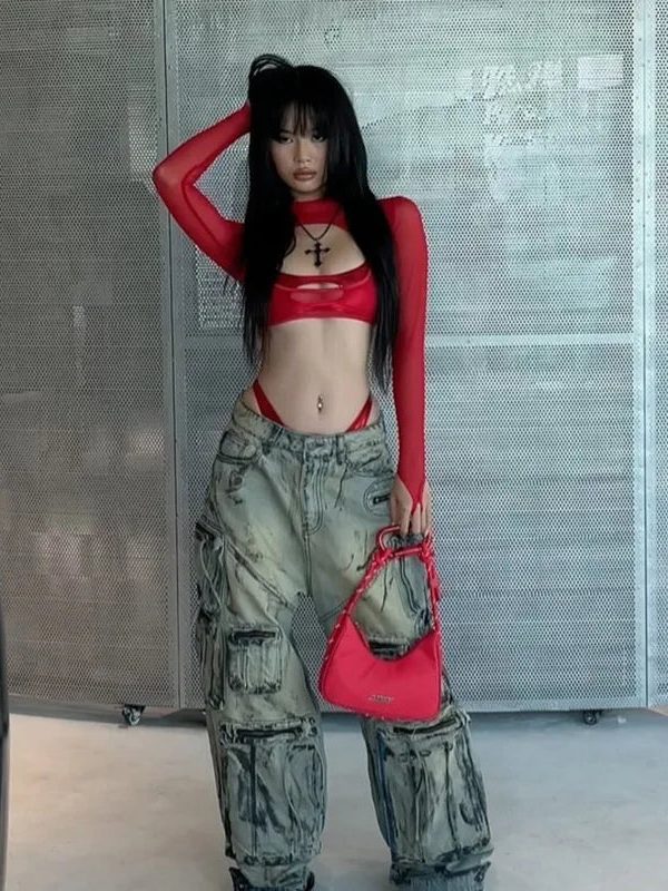 Cut-Out Sheer Mesh Crop Top