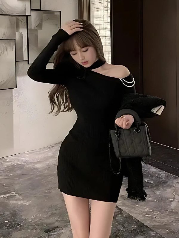 Cut Out Shoulder Rhinestone Mini Dress
