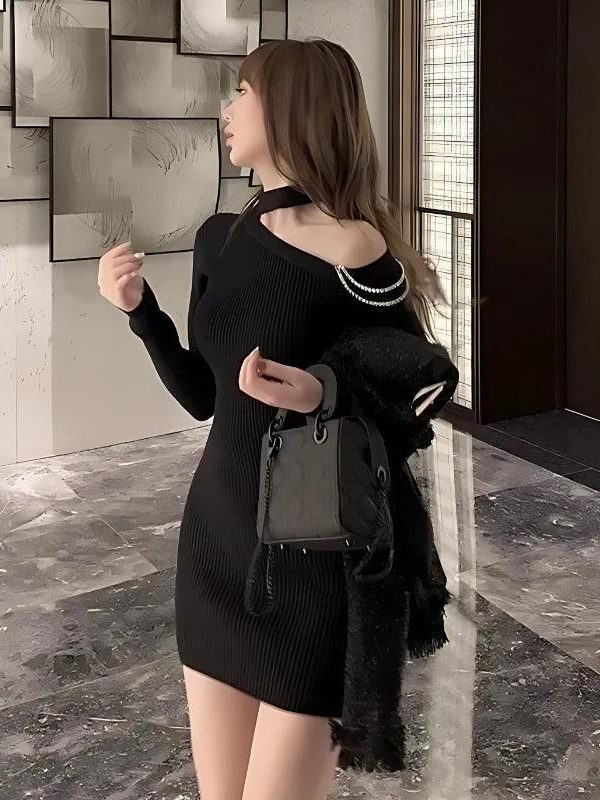 Cut Out Shoulder Rhinestone Mini Dress