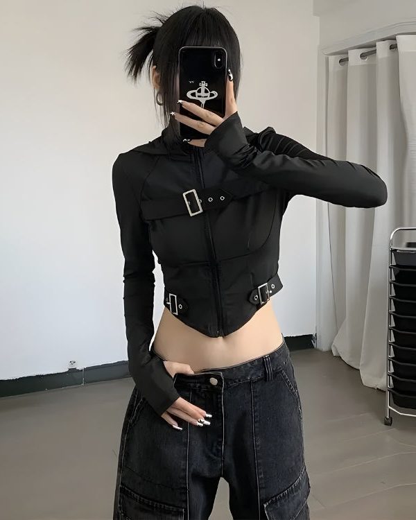 Cyberpunk Belted Zip-Up Crop Jacket