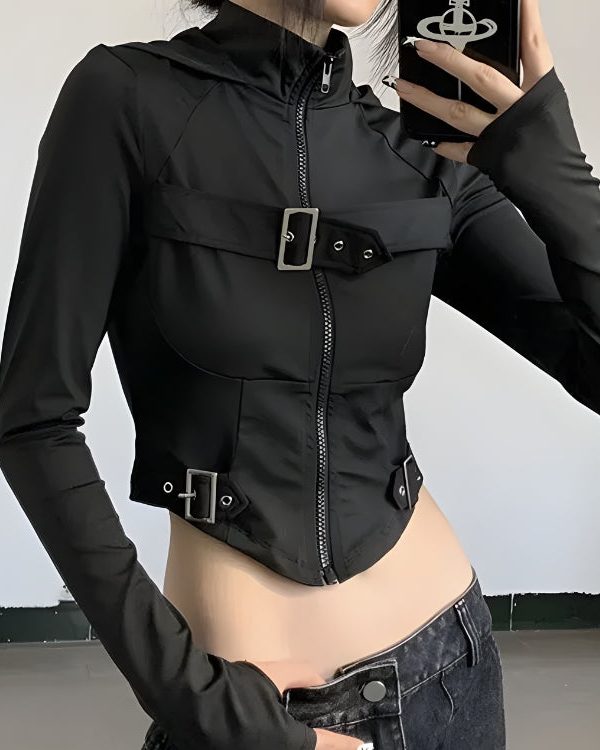 Cyberpunk Belted Zip-Up Crop Jacket