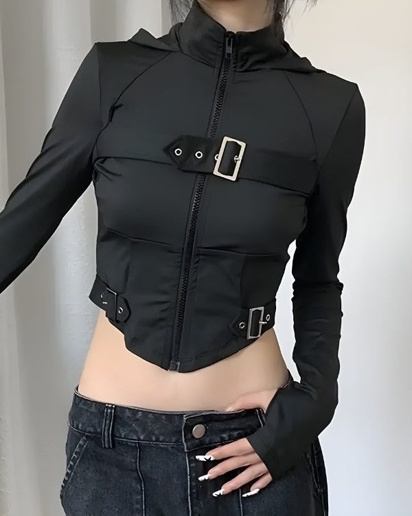 Cyberpunk Belted Zip-Up Crop Jacket
