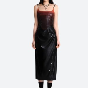 Cyberpunk Faux Leather Midi Dress