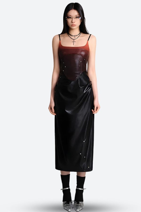 Cyberpunk Faux Leather Midi Dress