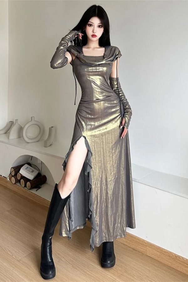 Cyberpunk Metallic Hooded Midi Dress