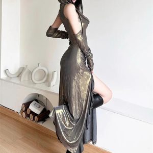 Cyberpunk Metallic Hooded Midi Dress