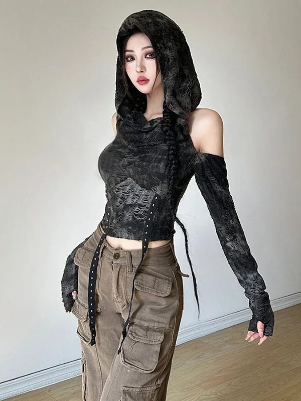 Cyberpunk Off Shoulder Hooded Top