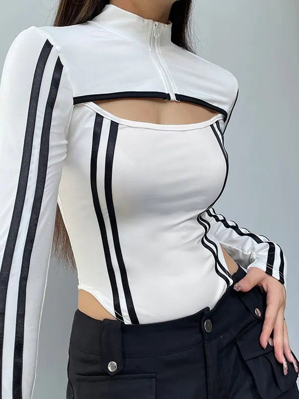 Cyberpunk Striped Cut Out Bodysuit