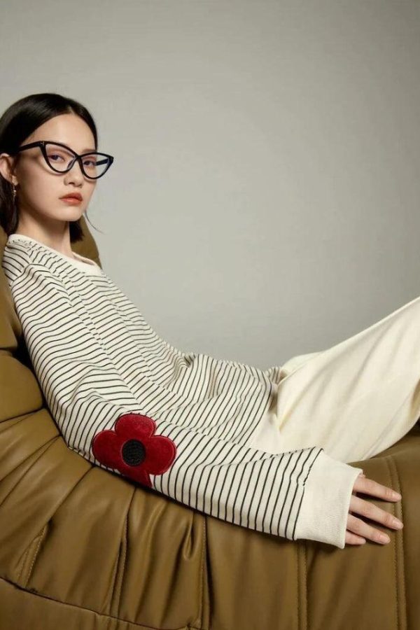 Daisy Embroidered Striped Sweatshirt