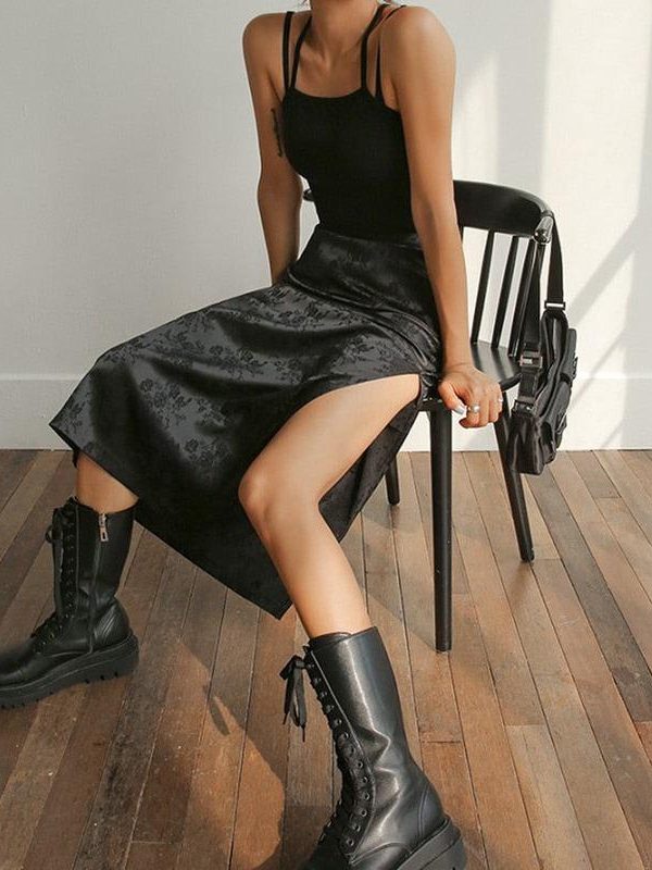 Dark Floral Side Slit Midi Skirt