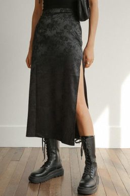 Dark Floral Side Slit Midi Skirt