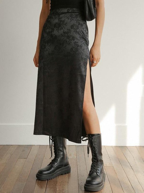 Dark Floral Side Slit Midi Skirt