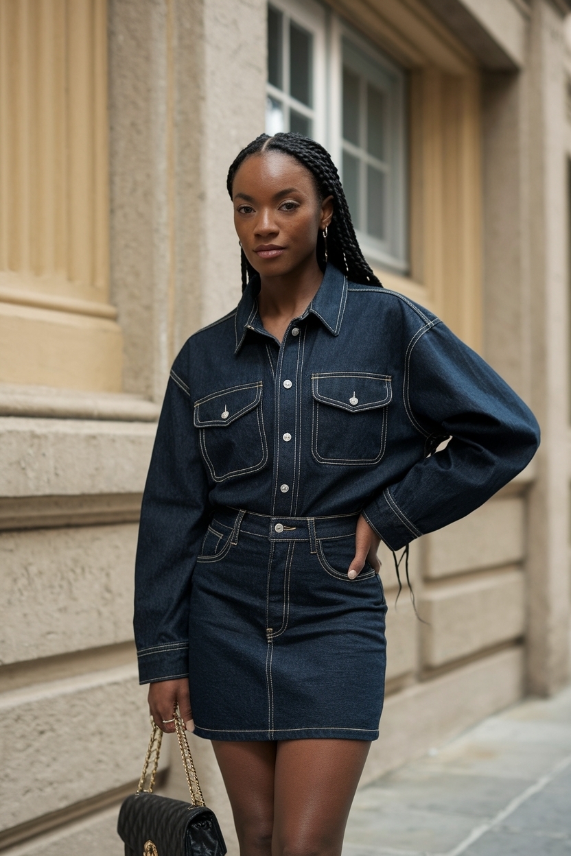 Dark Denim Mini Skirt Outfit Black Women: Edgy Vibes outfit idea