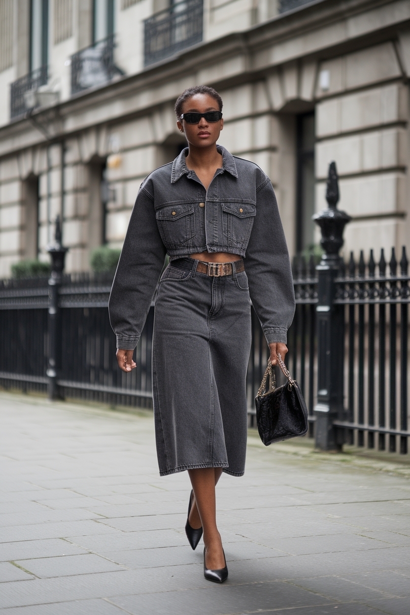 Dark Grey Denim Skirt Outfit Black Women: Versatile Fashion outfit idea