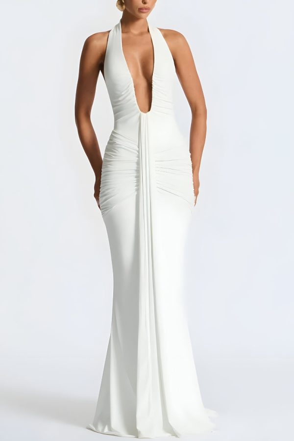 Deep Plunge Ruched Maxi Dress