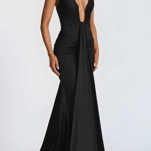 Deep Plunge Ruched Maxi Dress