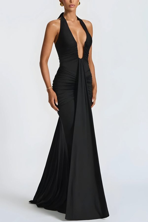 Deep Plunge Ruched Maxi Dress