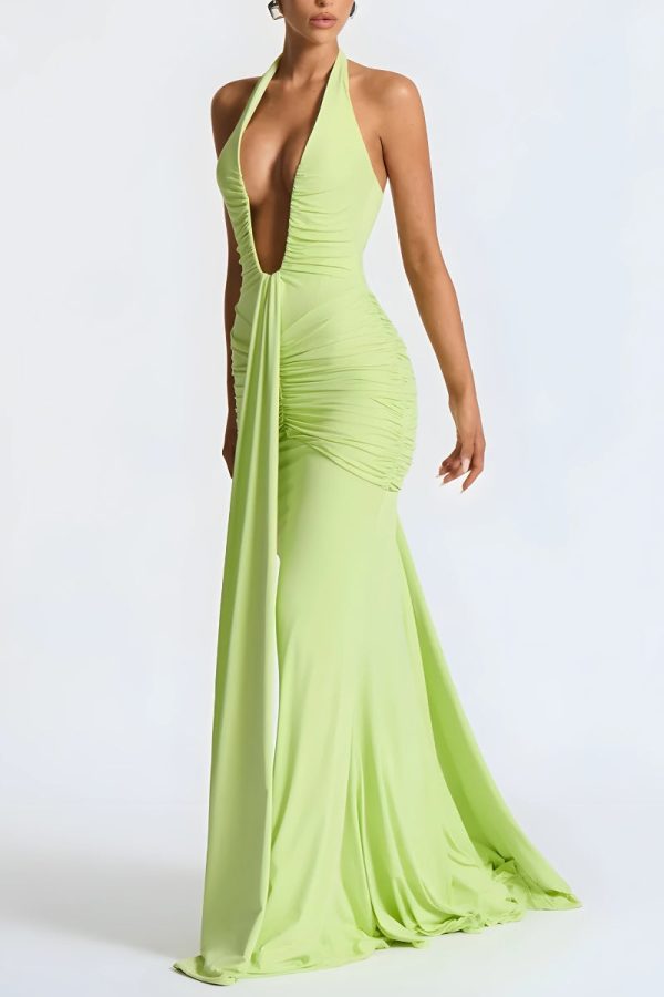 Deep Plunge Ruched Maxi Dress