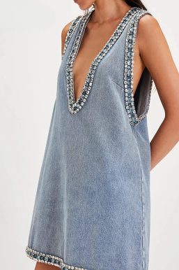 Deep V Denim Mini Dress
