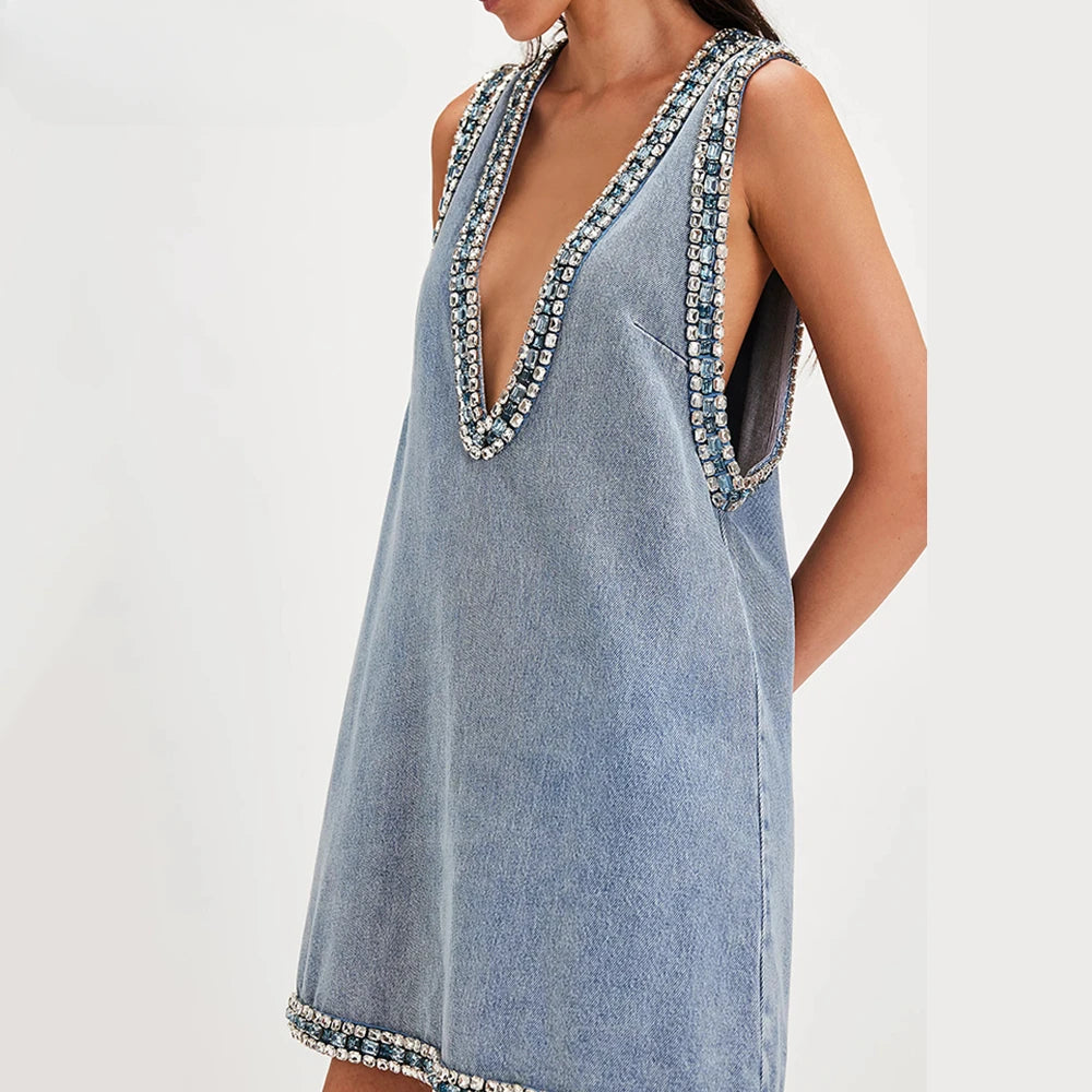 Deep V Denim Mini Dress