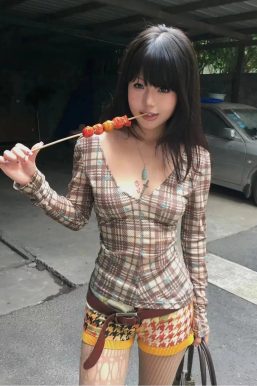 Deep V Neck Plaid Top