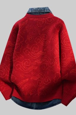 Denim-Collar Knit Cardigan