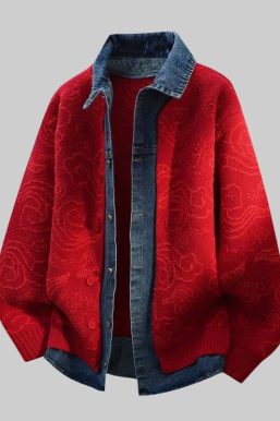 Denim-Collar Knit Cardigan